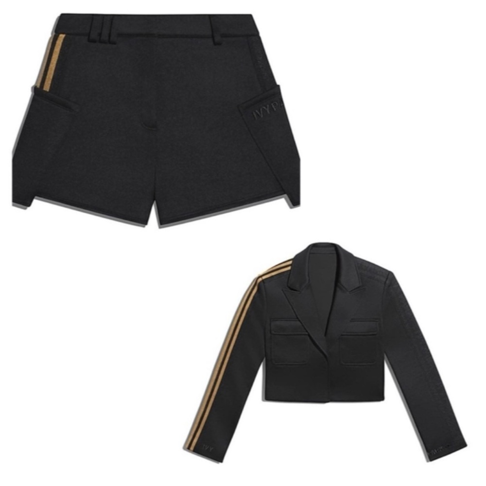 Black Blazer and Shorts Set with Gold Stripe